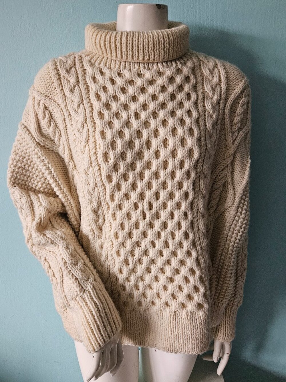 Auntie Oti 100% Wool Fisherman pullover sweater Top Cable Knit One Size Handmade